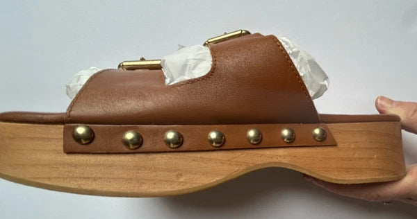 ZARA Brown Leather Buckled Wood Clog Sandals Size 38/7.5 US EUC Retro 70’s Style