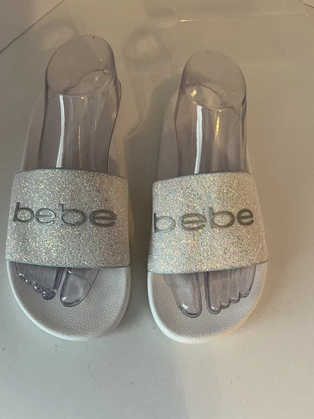 Bebe Women’s White Slide Fashion Sandals Flats Size 10, Glitter. NWOT. Fast Ship