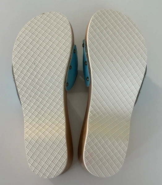 Dr. Scholl's The Original Wooden Sandals Slides Aqua Blue Leather Size 7 Italy