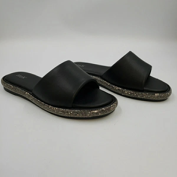 Womens Black Rhinestone Slides Open Toe Sandals Flip Flops Slipper Summer Shoes
