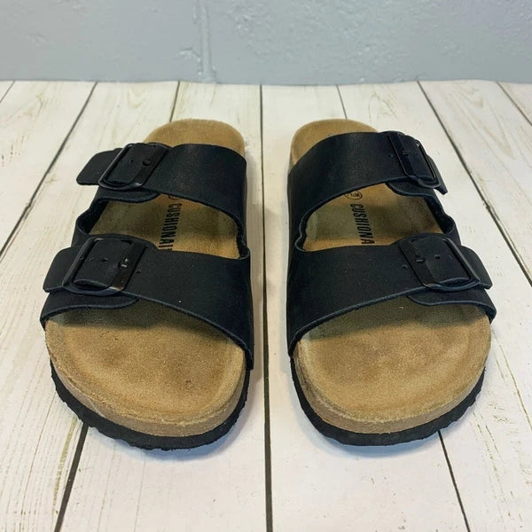 Cushionaire Lane Cork Footbed Slide Sandal Black Buckles Women's Size 7.5