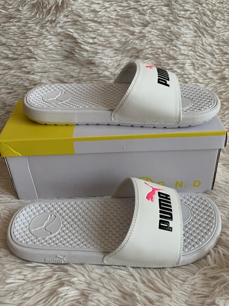 Women’s Slides Size 8 PUMA Cool Cat Style: 371013 13 White Knockout/Pink