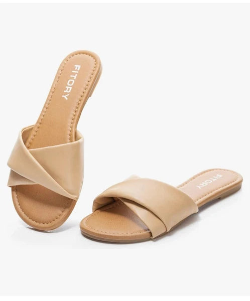 FITORY Women's Flat Sandals Fashion Slides With Soft Leather Slippers Size US 6