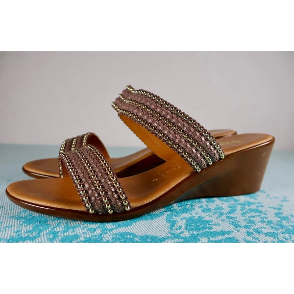 TOSCANELLA Wedge Sandals 8 Handmade in Italy Dark Brown Beaded Two Band  BOHO