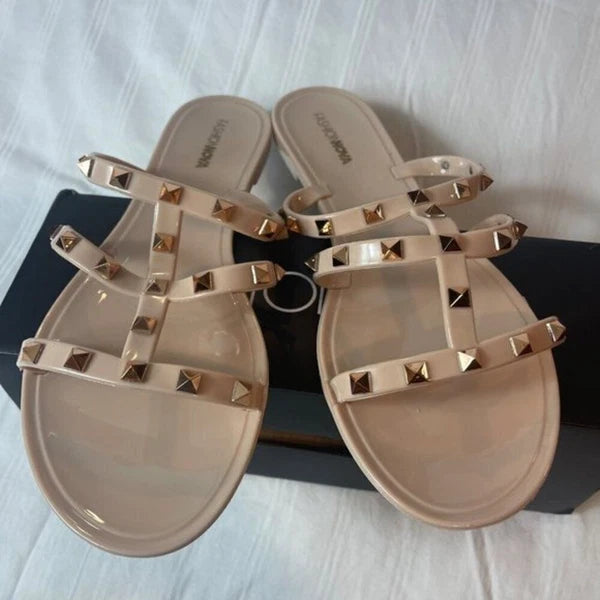 Fashion Nova Drive You Wild Flat Beige Slide On Studded Detail Sandal Size 10