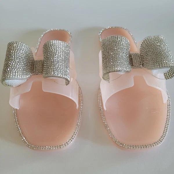 H2K Lucia Nude Fashion Jelly Slides Flip Flops Bow Sandals Bling Open Toe New