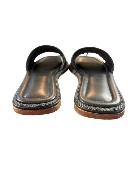 BRUNELLO CUCINELLI $895 Slide Sandal  Sparkling Monili Trim Blck Leather Sz 36.5