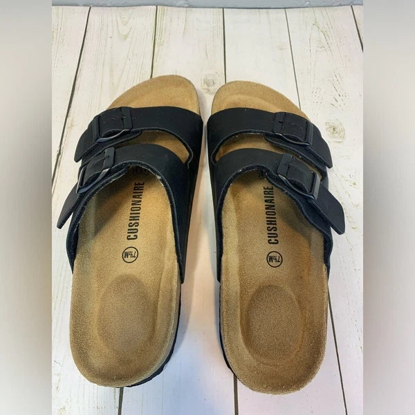 Cushionaire Lane Cork Footbed Slide Sandal Black Buckles Women's Size 7.5
