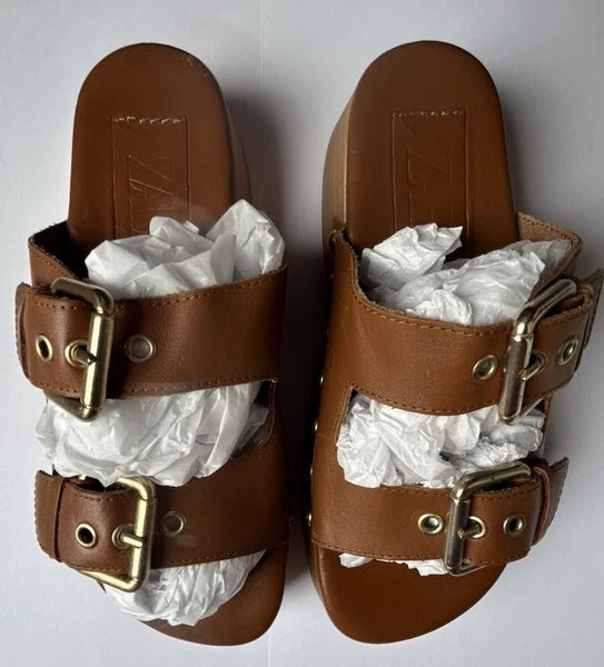 ZARA Brown Leather Buckled Wood Clog Sandals Size 38/7.5 US EUC Retro 70’s Style