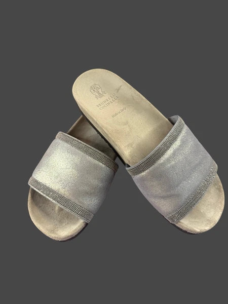 Brunello Cucinelli Monili Gray Suede Slides Sz 36.5 Women's us sz 6.5 $995