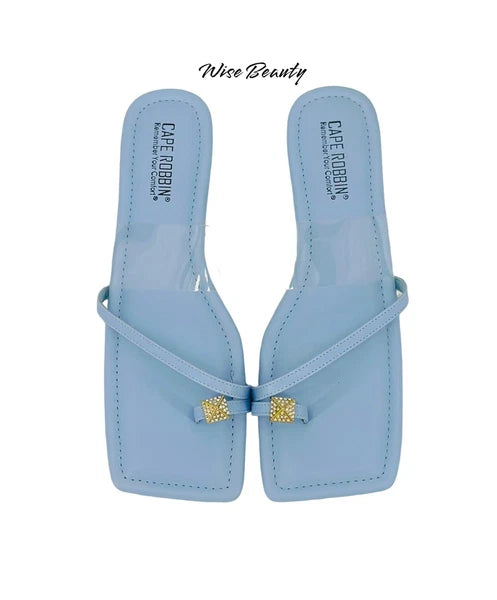 Cape Robbin Toe Ring Slide Sandals Women’s Size 9 Flats Blue Clear Gold NEW