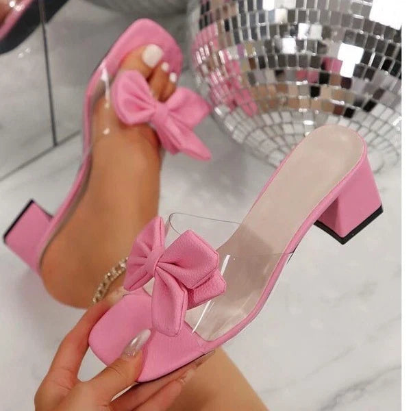 Pink Flower Sandals Slide Clear transparent Strap Block Heels Women's Sz 40/9